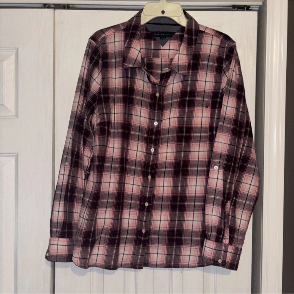 Tommy Hilfiger plaid long sleeve shirt burgundy and pink size XL